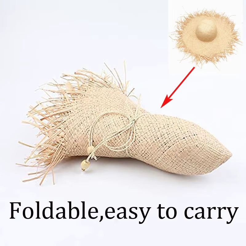 Women Summer Natural Raffia Straw Hat Female Fashion Ribbon Floppy Shading Wide Brim Sun Hats Lady Vacation Travel Beach Hat