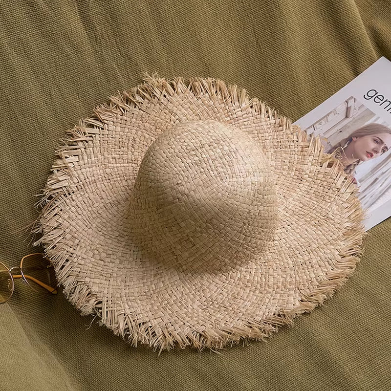 Women Summer Natural Raffia Straw Hat Female Fashion Ribbon Floppy Shading Wide Brim Sun Hats Lady Vacation Travel Beach Hat