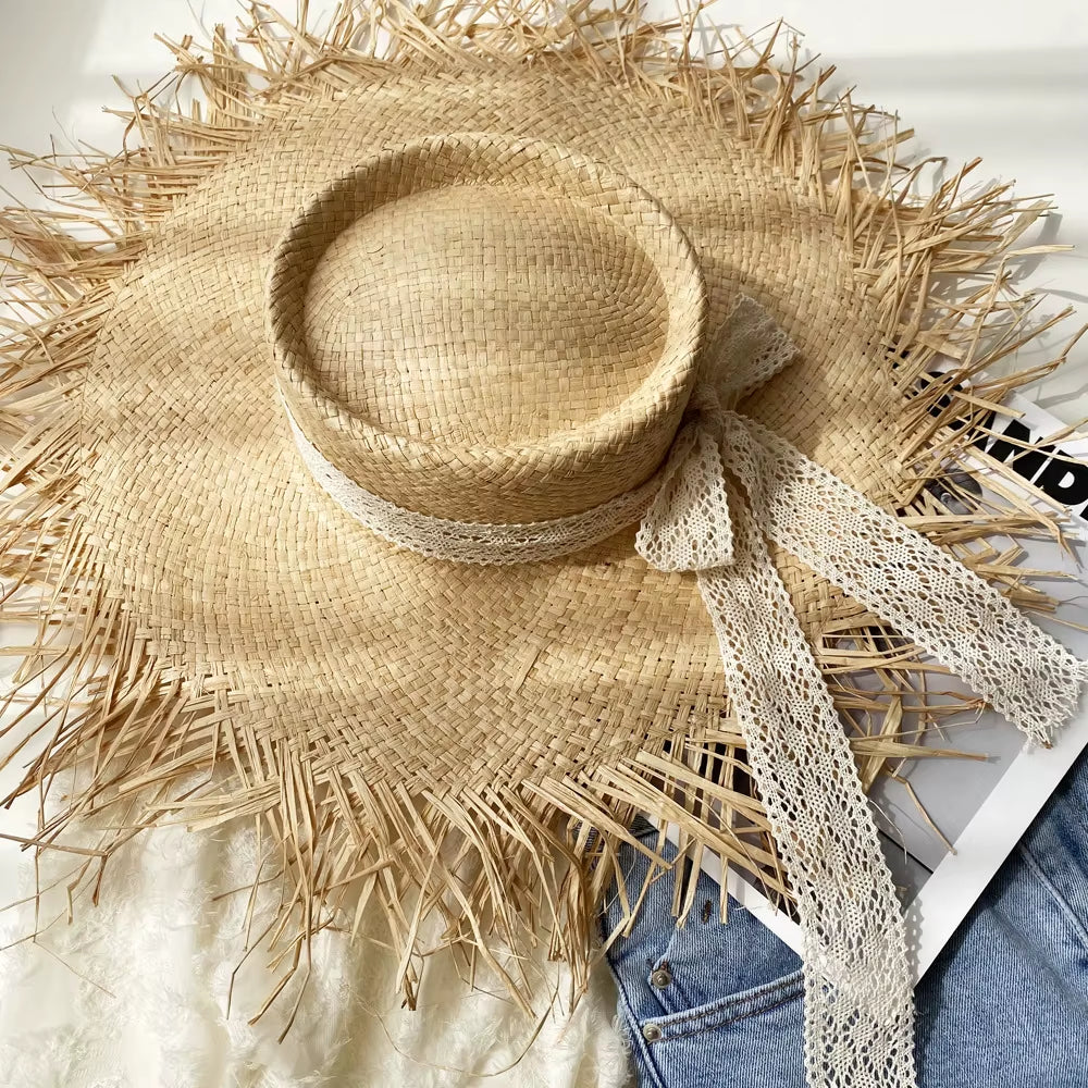 Women Summer Natural Raffia Straw Hat Female Fashion Ribbon Floppy Shading Wide Brim Sun Hats Lady Vacation Travel Beach Hat