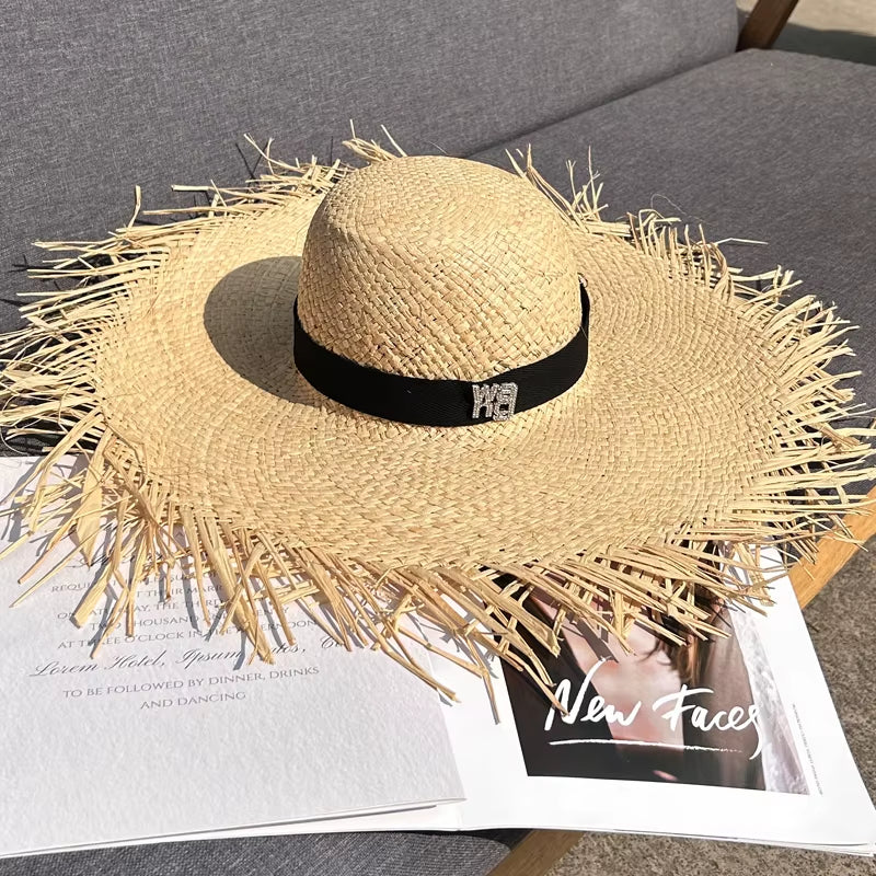 Women Summer Natural Raffia Straw Hat Female Fashion Ribbon Floppy Shading Wide Brim Sun Hats Lady Vacation Travel Beach Hat