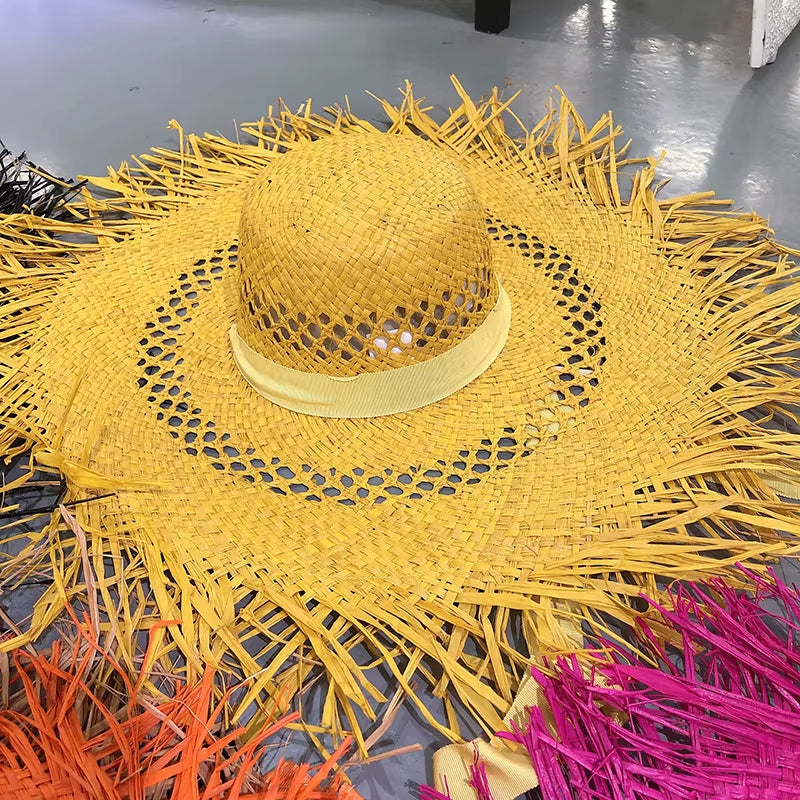 Big Brim Beach Hat for Women Summer Seaside Raffia Straw Hat Travel Vacation Visor Sun Hat Women'S Hat with Colored Raw Edges