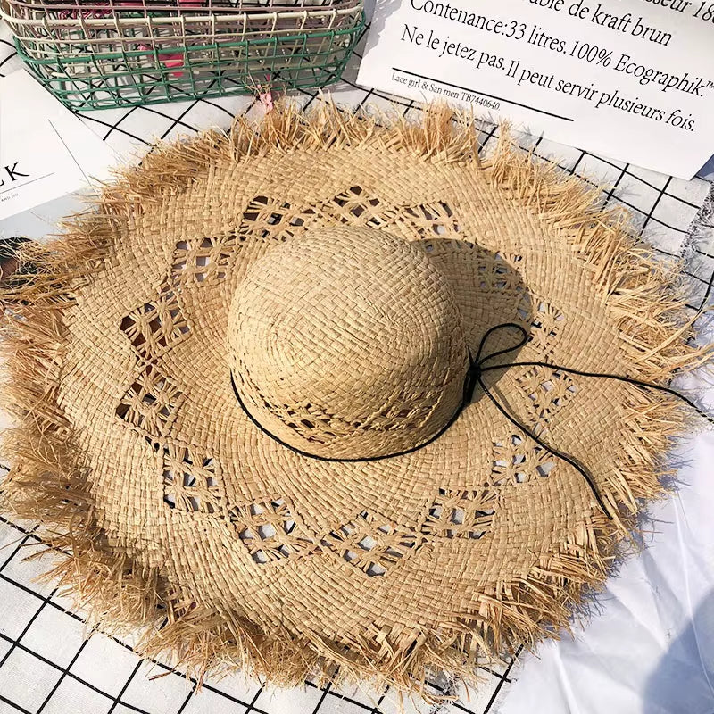 Women Summer Natural Raffia Straw Hat Female Fashion Ribbon Floppy Shading Wide Brim Sun Hats Lady Vacation Travel Beach Hat