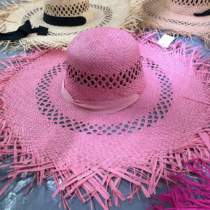 Big Brim Beach Hat for Women Summer Seaside Raffia Straw Hat Travel Vacation Visor Sun Hat Women'S Hat with Colored Raw Edges