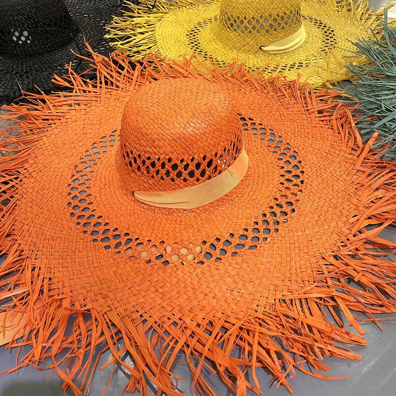 Big Brim Beach Hat for Women Summer Seaside Raffia Straw Hat Travel Vacation Visor Sun Hat Women'S Hat with Colored Raw Edges