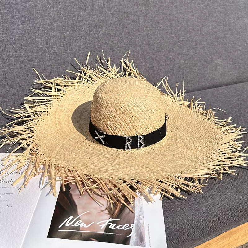 Women Summer Natural Raffia Straw Hat Female Fashion Ribbon Floppy Shading Wide Brim Sun Hats Lady Vacation Travel Beach Hat