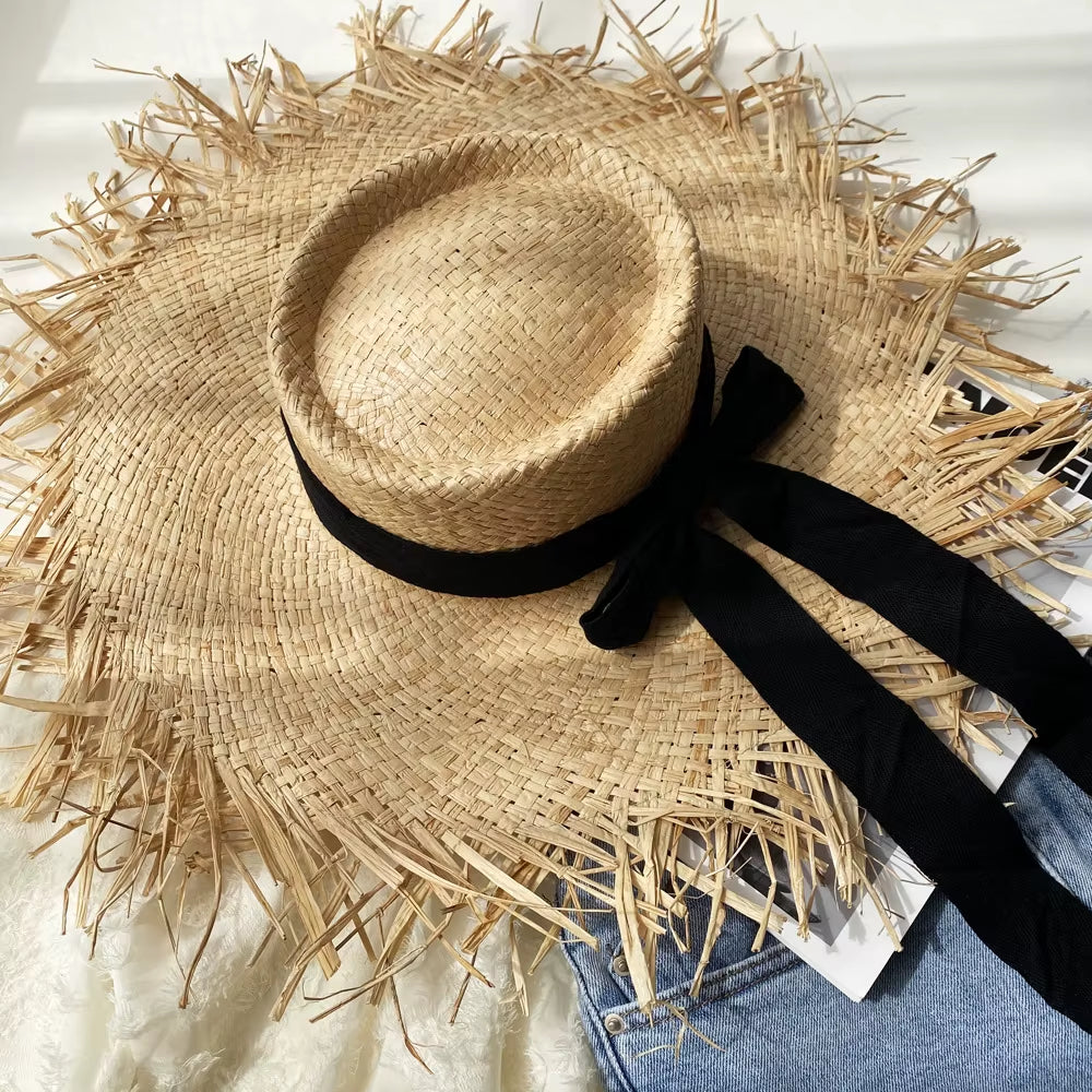 Women Summer Natural Raffia Straw Hat Female Fashion Ribbon Floppy Shading Wide Brim Sun Hats Lady Vacation Travel Beach Hat