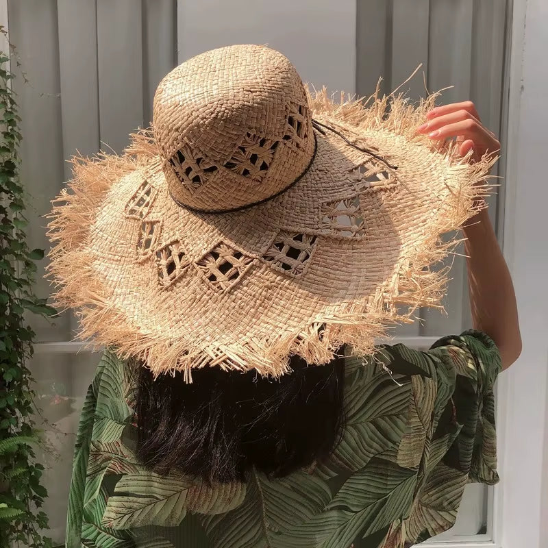 Women Summer Natural Raffia Straw Hat Female Fashion Ribbon Floppy Shading Wide Brim Sun Hats Lady Vacation Travel Beach Hat