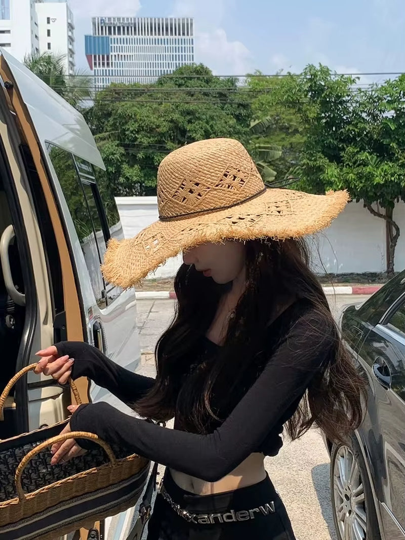 Women Summer Natural Raffia Straw Hat Female Fashion Ribbon Floppy Shading Wide Brim Sun Hats Lady Vacation Travel Beach Hat
