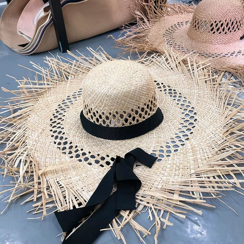 Big Brim Beach Hat for Women Summer Seaside Raffia Straw Hat Travel Vacation Visor Sun Hat Women'S Hat with Colored Raw Edges