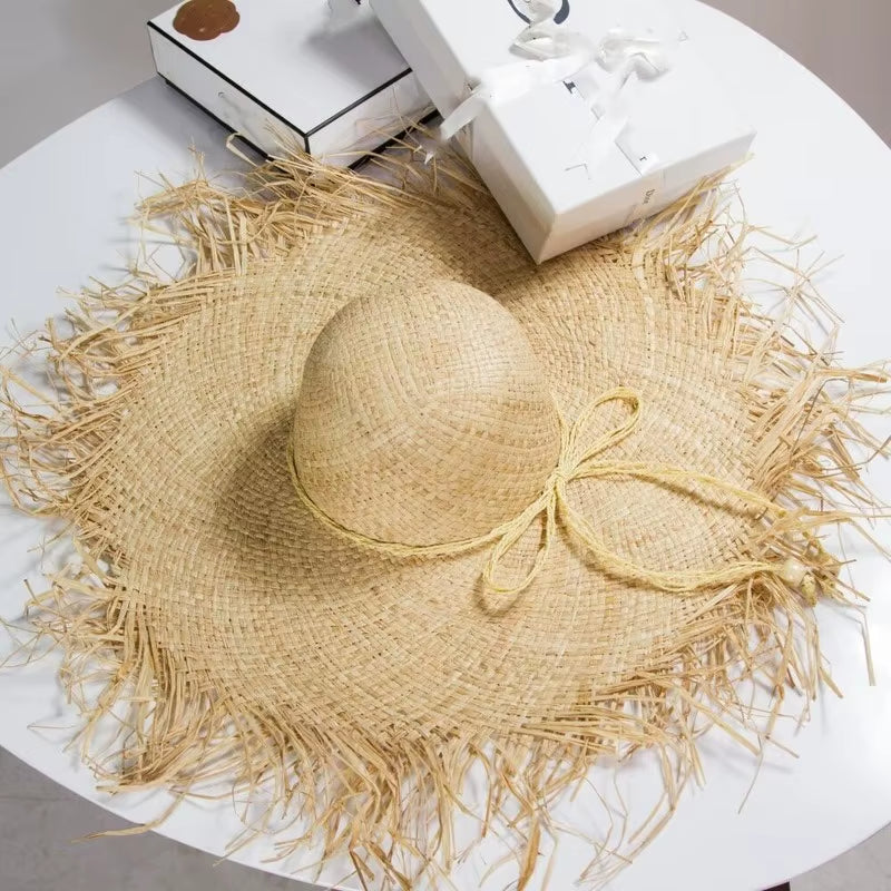 Women Summer Natural Raffia Straw Hat Female Fashion Ribbon Floppy Shading Wide Brim Sun Hats Lady Vacation Travel Beach Hat