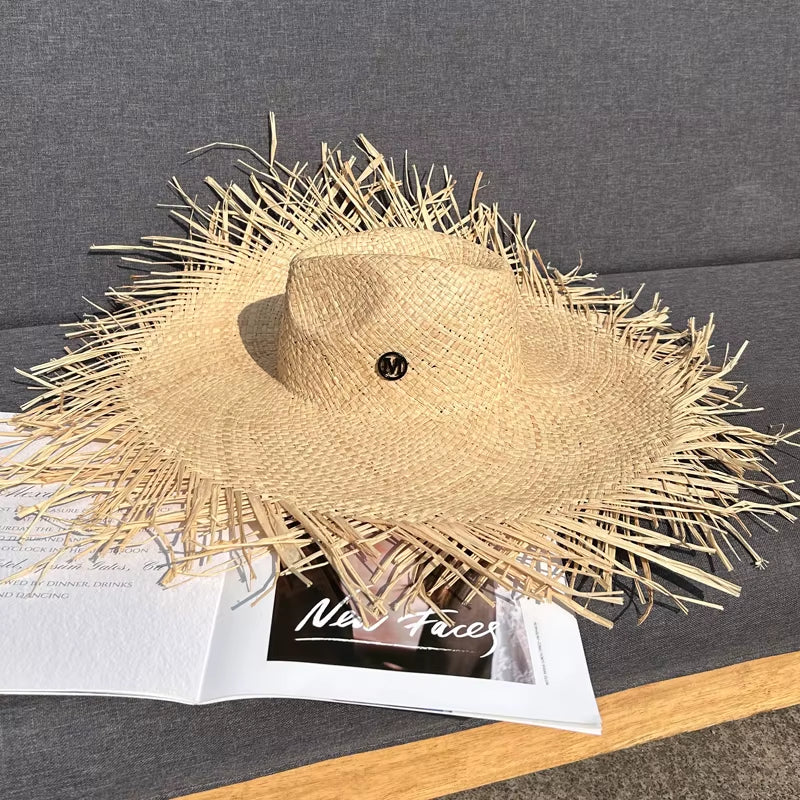 Women Summer Natural Raffia Straw Hat Female Fashion Ribbon Floppy Shading Wide Brim Sun Hats Lady Vacation Travel Beach Hat