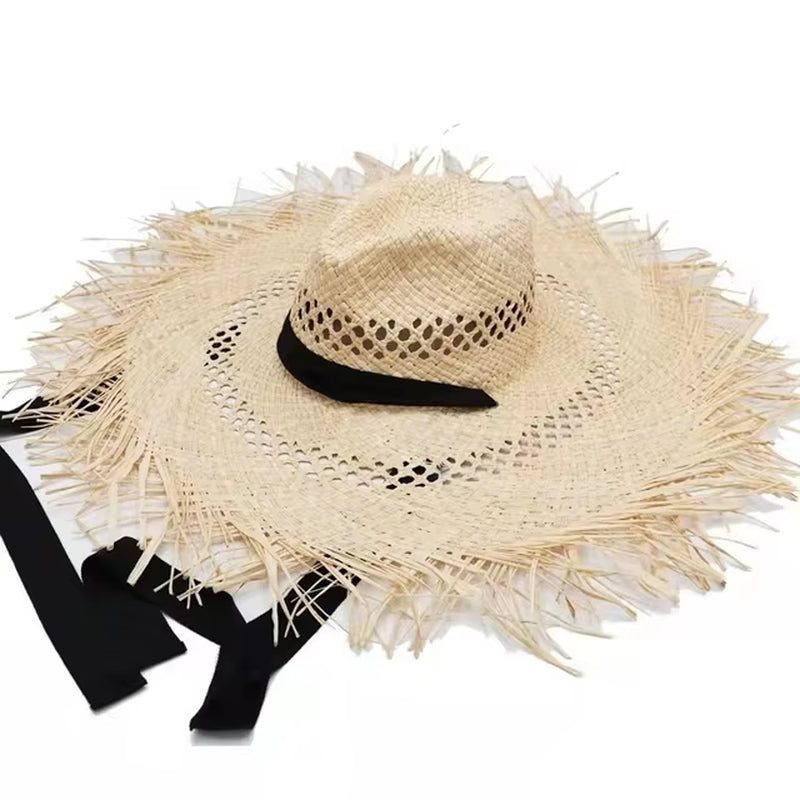 Big Brim Beach Hat for Women Summer Seaside Raffia Straw Hat Travel Vacation Visor Sun Hat Women'S Hat with Colored Raw Edges