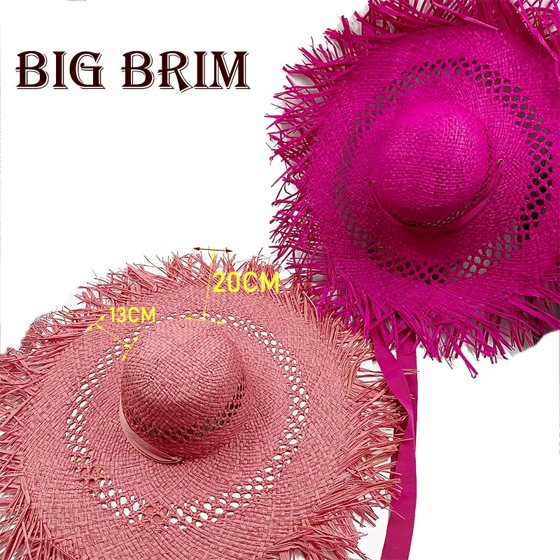 Big Brim Beach Hat for Women Summer Seaside Raffia Straw Hat Travel Vacation Visor Sun Hat Women'S Hat with Colored Raw Edges