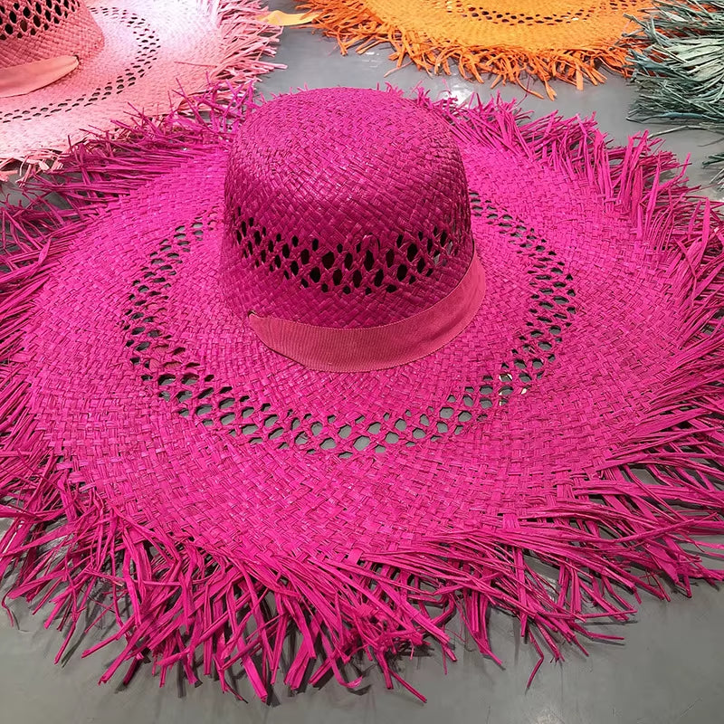 Big Brim Beach Hat for Women Summer Seaside Raffia Straw Hat Travel Vacation Visor Sun Hat Women'S Hat with Colored Raw Edges