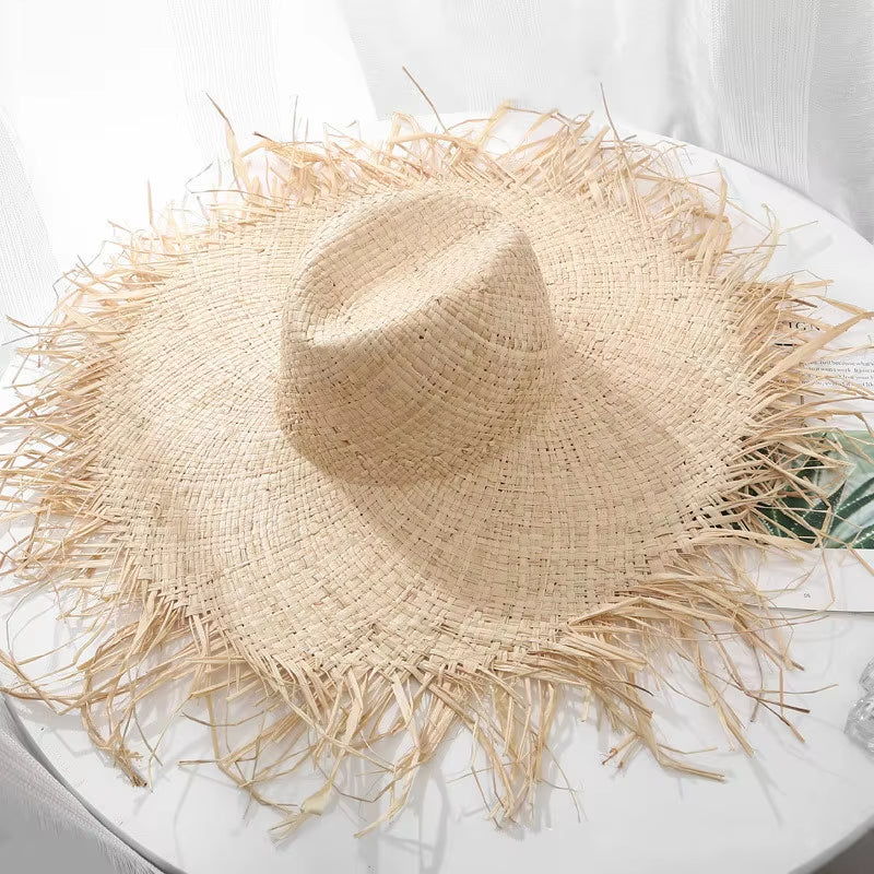 Women Summer Natural Raffia Straw Hat Female Fashion Ribbon Floppy Shading Wide Brim Sun Hats Lady Vacation Travel Beach Hat
