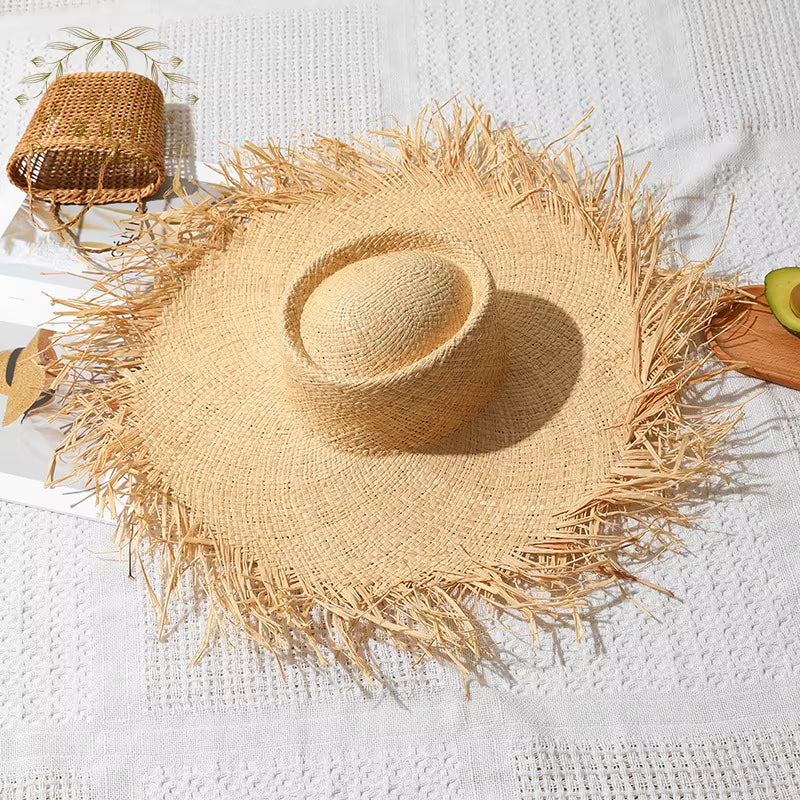 Women Summer Natural Raffia Straw Hat Female Fashion Ribbon Floppy Shading Wide Brim Sun Hats Lady Vacation Travel Beach Hat