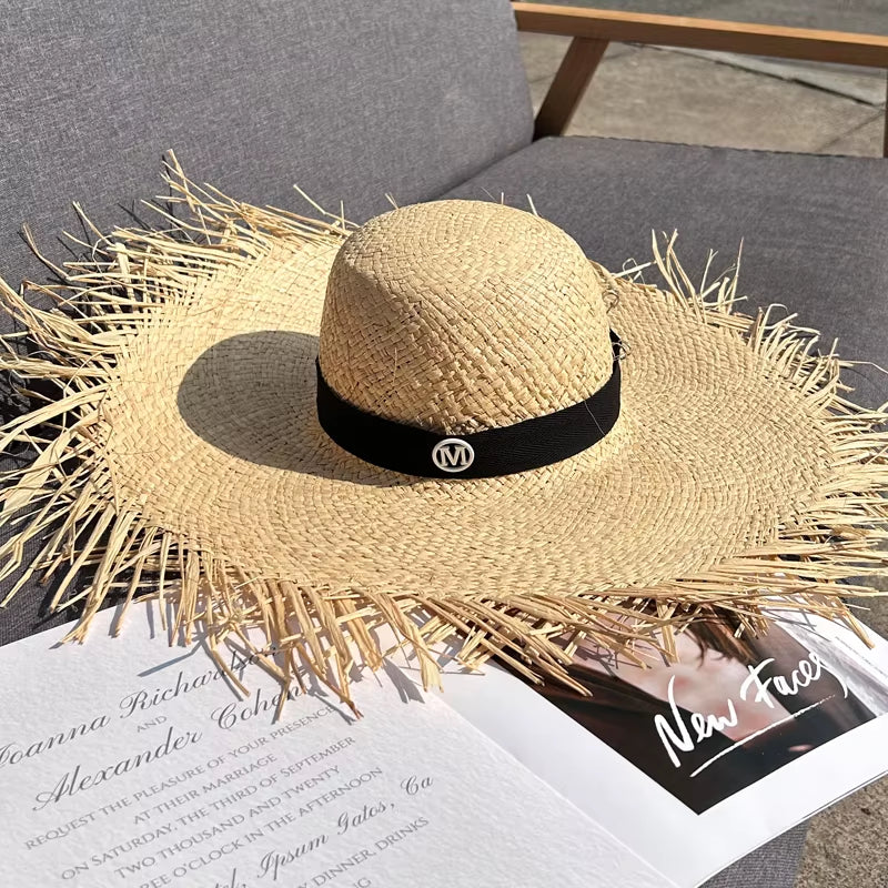 Women Summer Natural Raffia Straw Hat Female Fashion Ribbon Floppy Shading Wide Brim Sun Hats Lady Vacation Travel Beach Hat