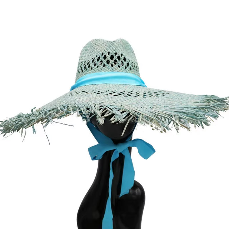 Big Brim Beach Hat for Women Summer Seaside Raffia Straw Hat Travel Vacation Visor Sun Hat Women'S Hat with Colored Raw Edges