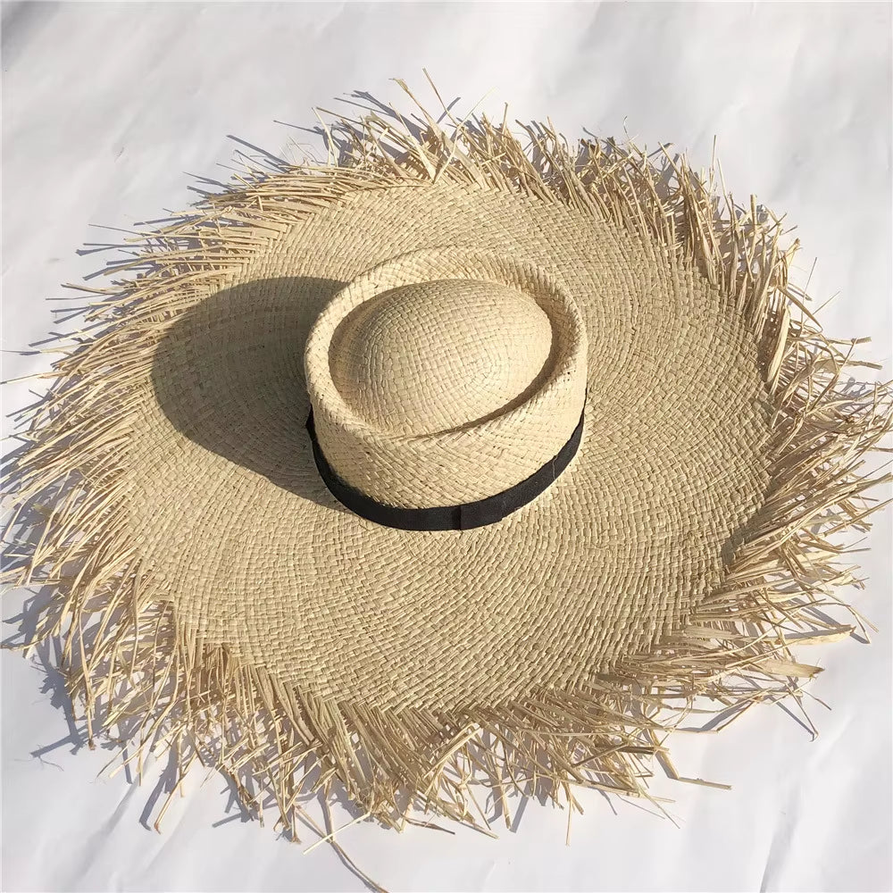 Women Summer Natural Raffia Straw Hat Female Fashion Ribbon Floppy Shading Wide Brim Sun Hats Lady Vacation Travel Beach Hat